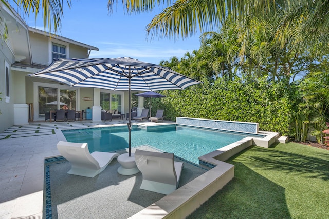 pool featuring a lawn and a patio area