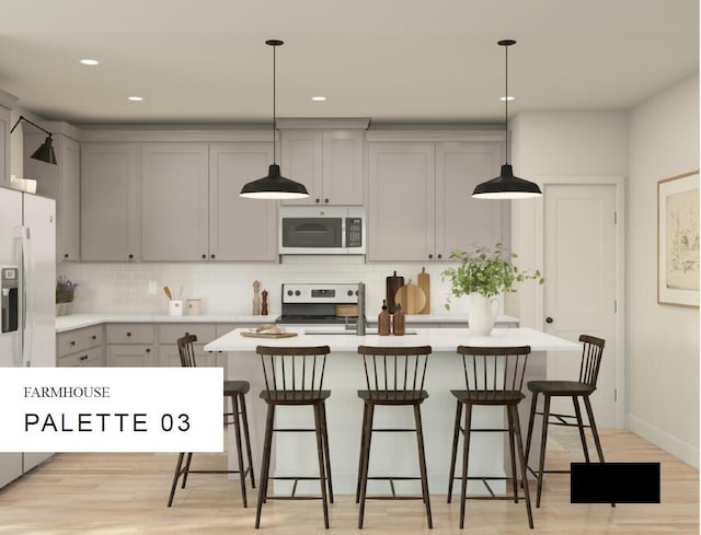 kitchen featuring fridge with ice dispenser, gray cabinets, stainless steel electric range, light countertops, and decorative backsplash