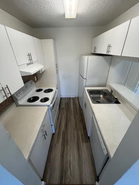 kitchen with ventilation hood, dark wood-type flooring, light countertops, white electric stove, and a sink