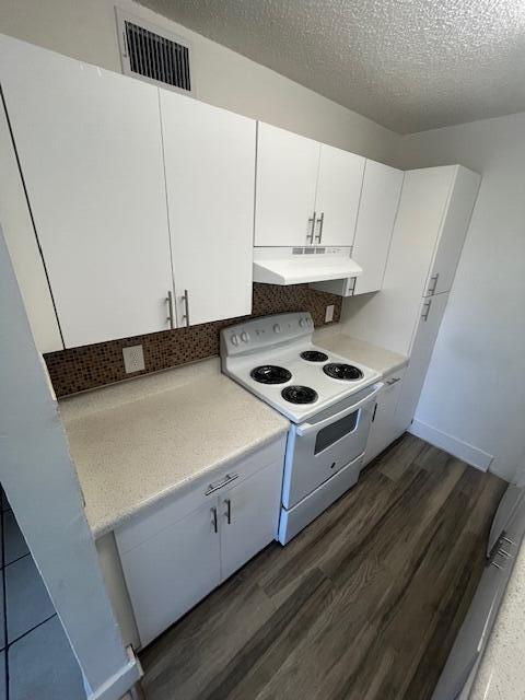 kitchen featuring white range with electric stovetop, visible vents, under cabinet range hood, and wood finished floors