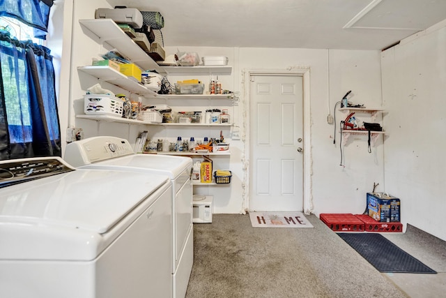 laundry room with carpet, attic access, laundry area, and washer and clothes dryer