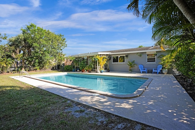 outdoor pool featuring a patio and a lawn