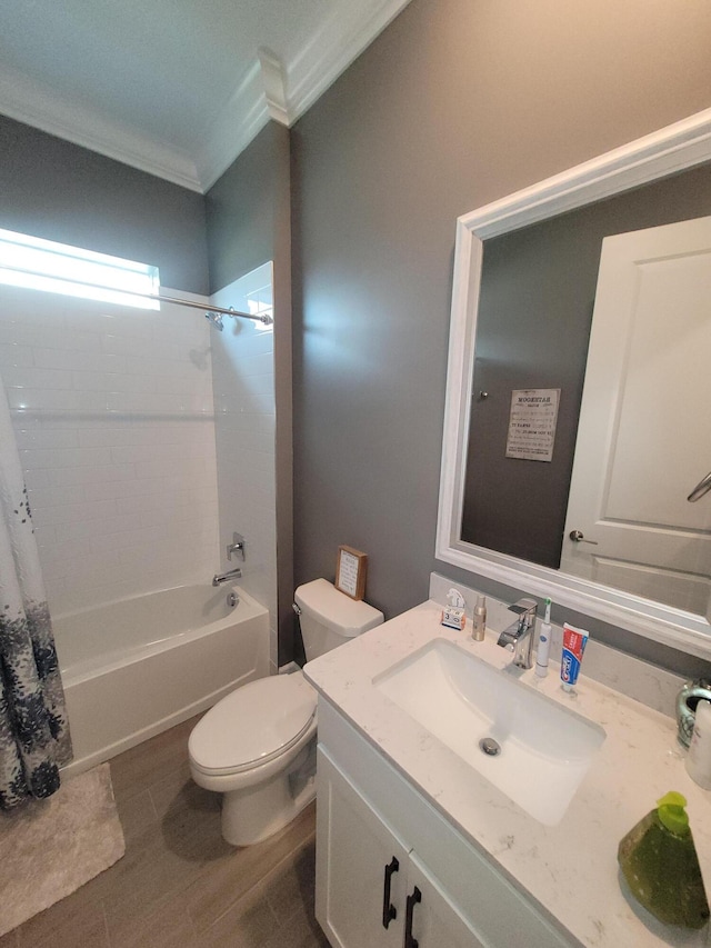 full bathroom with vanity, wood finished floors, shower / bath combo, crown molding, and toilet