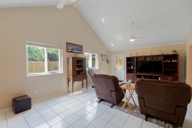 tiled living area with baseboards, beamed ceiling, high vaulted ceiling, and a ceiling fan