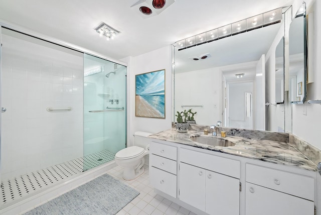 2760 S Ocean Blvd Unit 416, Palm Beach, FL 33480 - bathroom featuring a stall shower, toilet, vanity, and tile patterned flooring