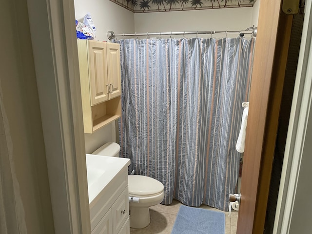 full bathroom with a shower with curtain, toilet, vanity, and tile patterned flooring