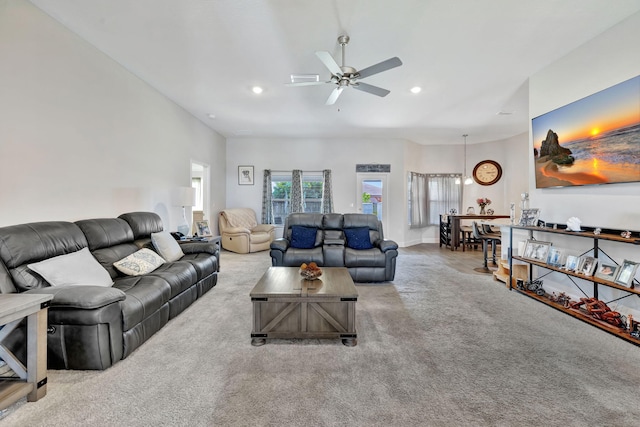 carpeted living room featuring recessed lighting and ceiling fan