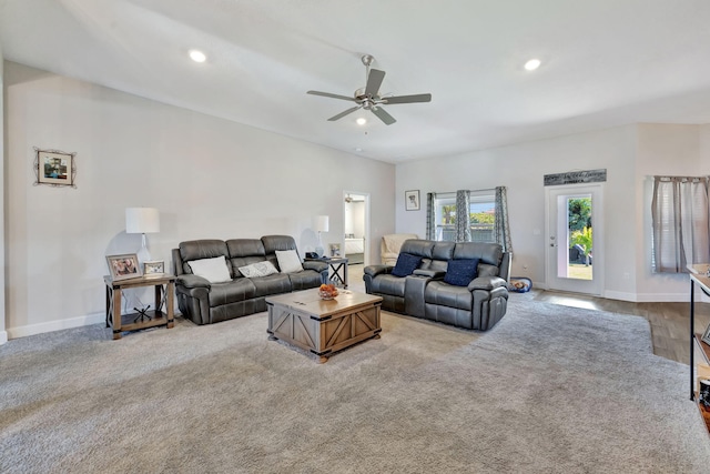 living room featuring recessed lighting, baseboards, and ceiling fan