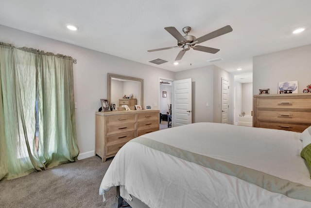 bedroom with recessed lighting, visible vents, carpet floors, and ceiling fan