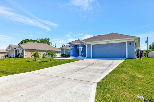 ranch-style house with stucco siding, a front lawn, an attached garage, and driveway