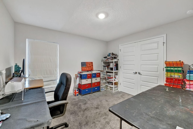 carpeted office space featuring a textured ceiling