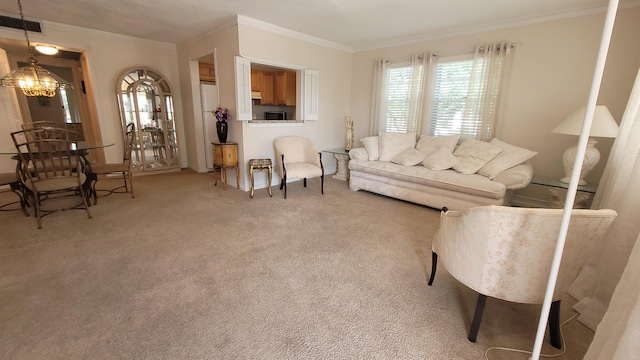 living room featuring carpet floors, ornamental molding, and visible vents