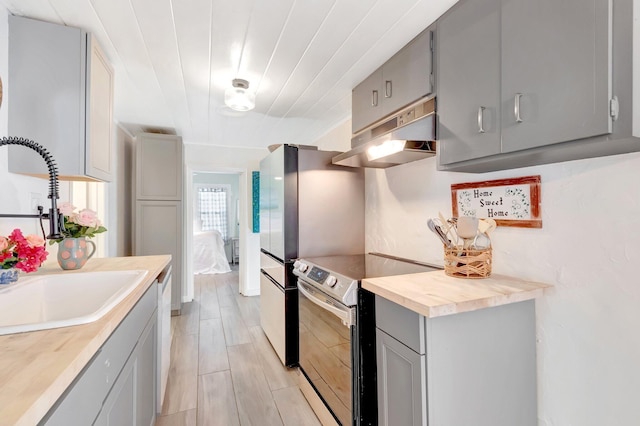 kitchen featuring gray cabinets, under cabinet range hood, a sink, stainless steel electric stove, and wood ceiling