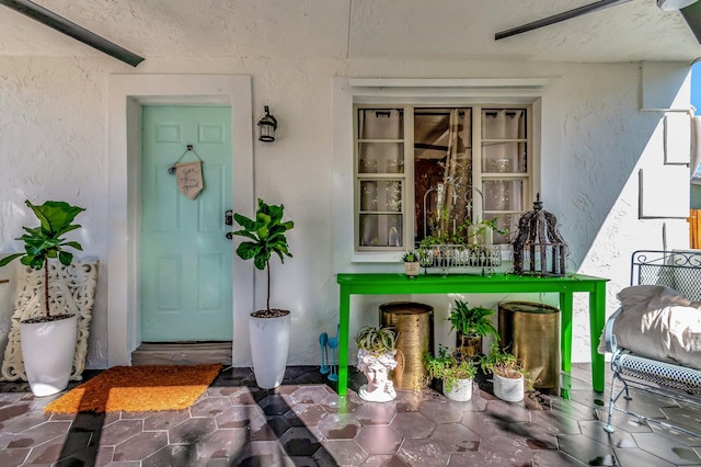 doorway to property with stucco siding