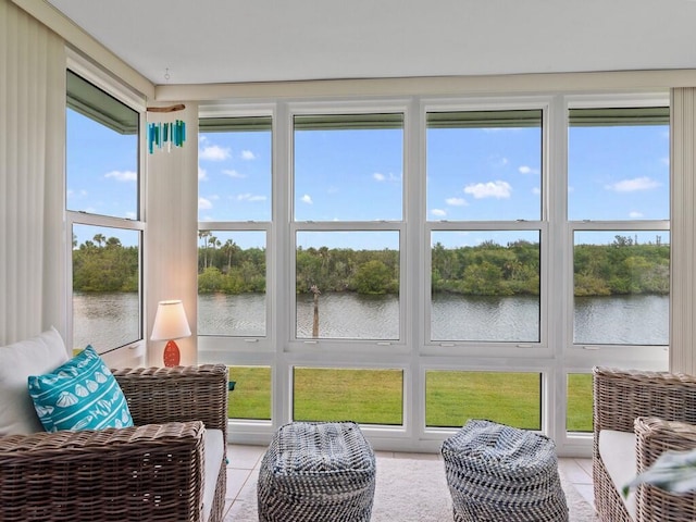 sunroom with a water view