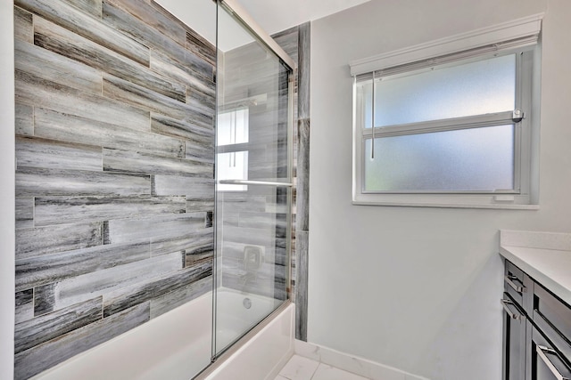 full bathroom with vanity, baseboards, combined bath / shower with glass door, and marble finish floor