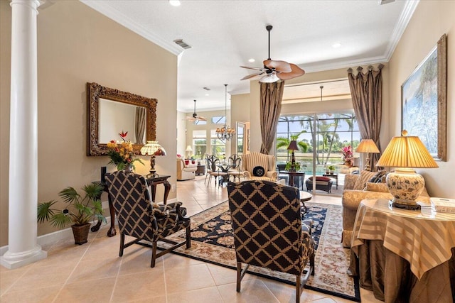 living area featuring visible vents, crown molding, ceiling fan, light tile patterned floors, and ornate columns