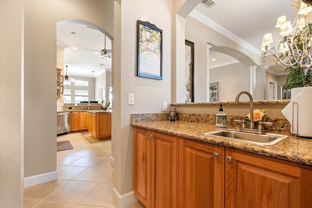 full bath with ceiling fan, tile patterned floors, visible vents, and ornamental molding