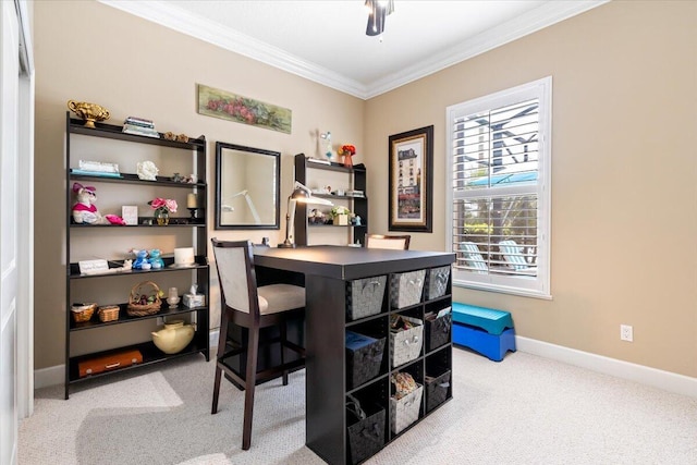 office with crown molding, baseboards, and carpet floors