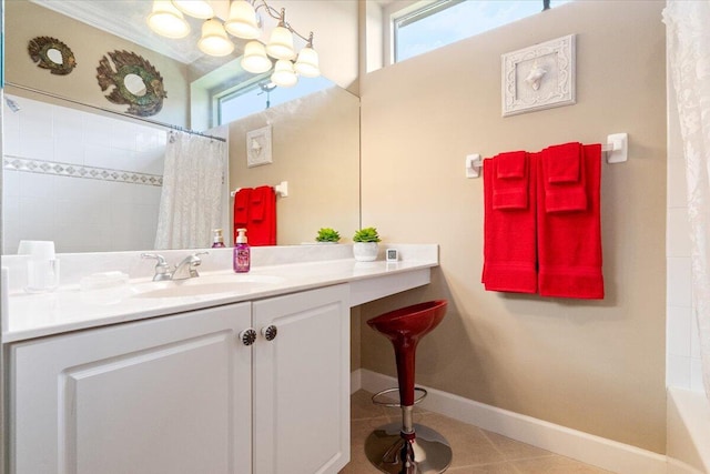 bathroom featuring tile patterned flooring, baseboards, a shower with curtain, a bath, and vanity