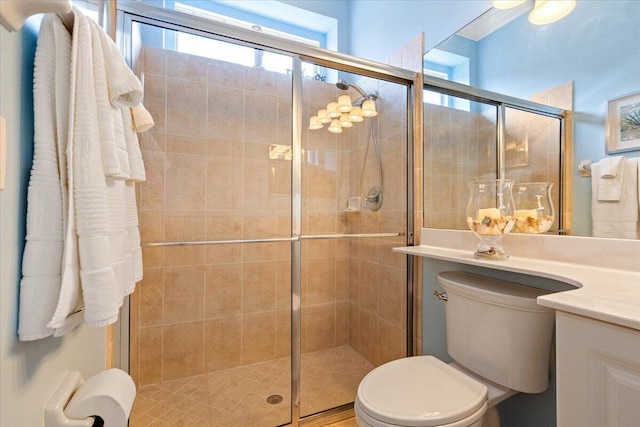 bathroom featuring vanity, a shower stall, and toilet