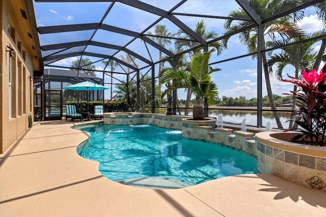 view of pool featuring a patio, a pool with connected hot tub, a lanai, and a water view