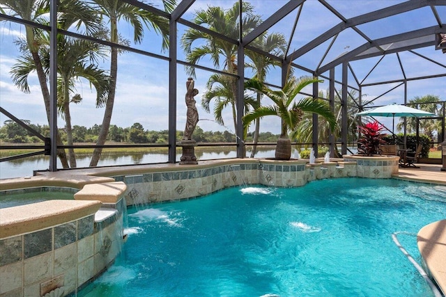 view of pool with a water view, a lanai, and a patio area