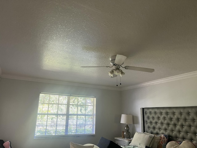 unfurnished bedroom with a ceiling fan, crown molding, and a textured ceiling