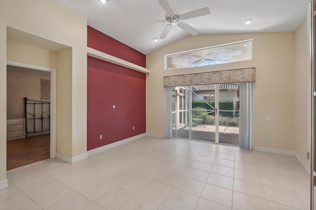6630 Maybrook Rd, Boynton Beach, FL 33437 - empty room with ceiling fan, high vaulted ceiling, baseboards, light tile patterned floors, and recessed lighting