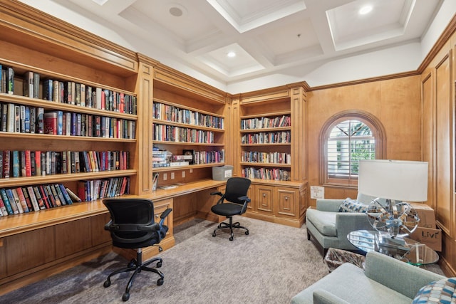 office area with carpet, coffered ceiling, recessed lighting, built in desk, and beamed ceiling