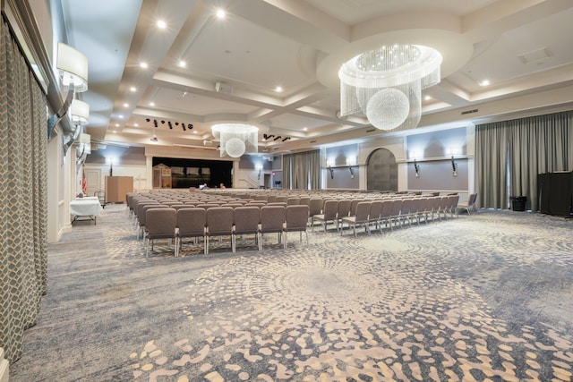kitchen with visible vents, recessed lighting, coffered ceiling, and carpet