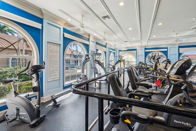 gym featuring visible vents, recessed lighting, and crown molding