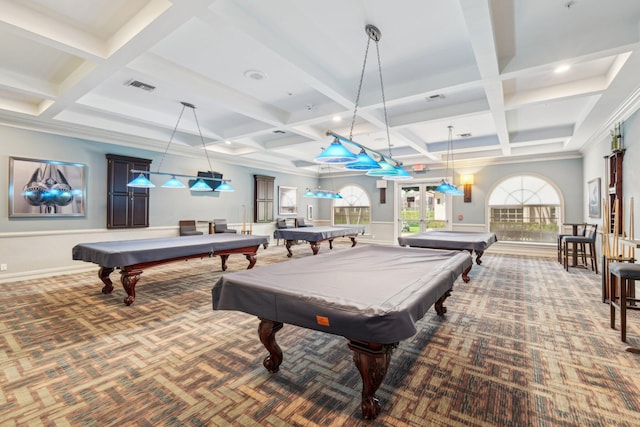 rec room featuring pool table, beamed ceiling, carpet, and visible vents