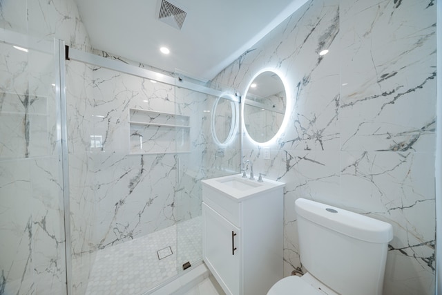 full bath with stone wall, visible vents, and a marble finish shower