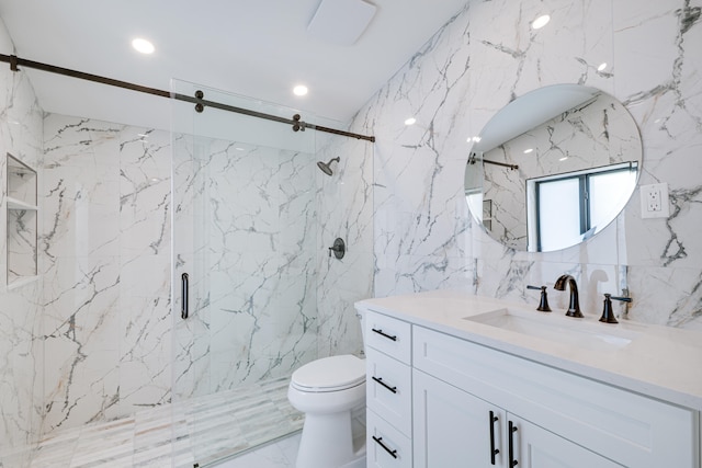 full bathroom featuring toilet, marble finish floor, a marble finish shower, stone wall, and vanity