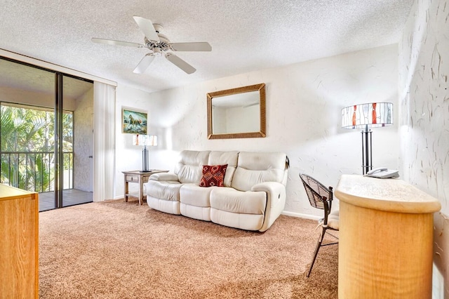 carpeted living area featuring expansive windows, a textured wall, baseboards, and a textured ceiling