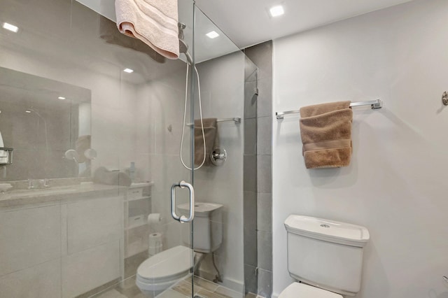 bathroom with a stall shower, toilet, and a sink