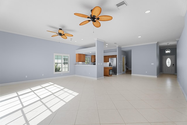 unfurnished living room featuring light tile patterned flooring, visible vents, baseboards, and ceiling fan