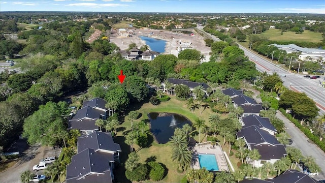 aerial view featuring a residential view and a water view