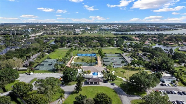 bird's eye view with a water view