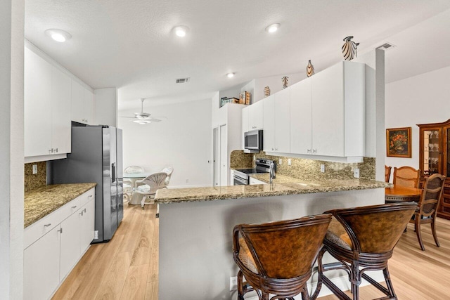 kitchen with a peninsula, a ceiling fan, light wood-type flooring, and stainless steel appliances