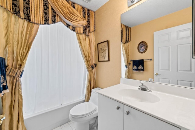 full bath featuring vanity, tile patterned floors, toilet, and bathing tub / shower combination