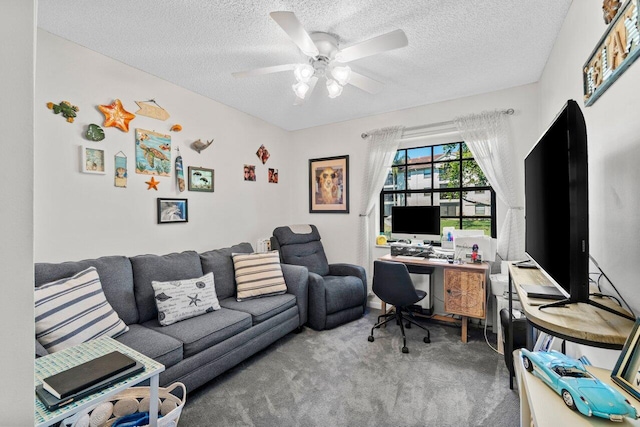 office space featuring a textured ceiling, carpet flooring, and ceiling fan