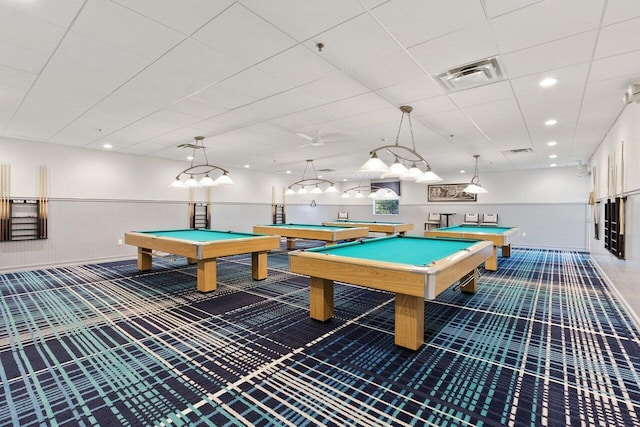 playroom featuring pool table, carpet flooring, visible vents, and a wainscoted wall