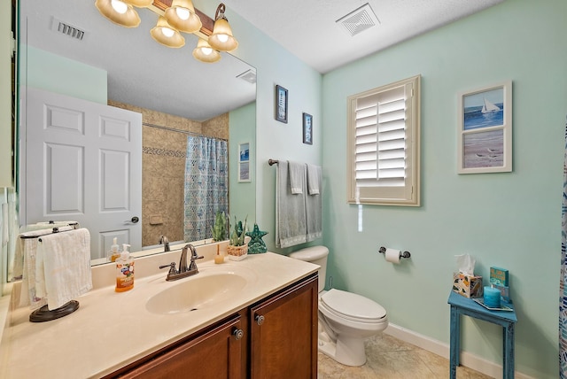 full bathroom with tile patterned flooring, a notable chandelier, toilet, and visible vents