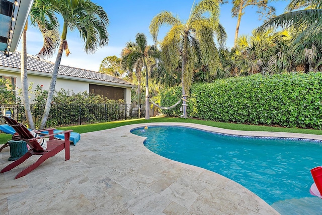 view of swimming pool with a fenced backyard, a fenced in pool, and a patio