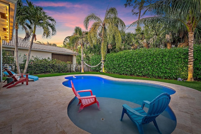 pool at dusk featuring a patio area, a fenced in pool, and a fenced backyard