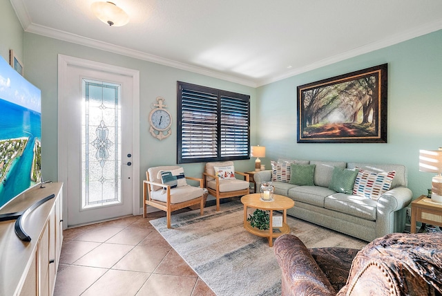 living room featuring light tile patterned flooring and crown molding