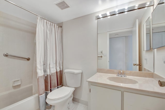 full bath featuring visible vents, toilet, shower / tub combo, tile patterned floors, and vanity