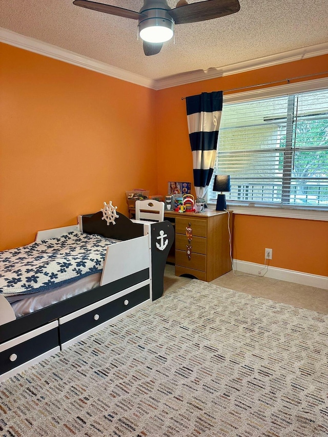 carpeted bedroom featuring a textured ceiling, multiple windows, baseboards, and ornamental molding